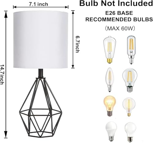 Small Table Lamp Set of 2 Black, Bedside Lamps with White Fabric Shade, Cute Desk Lamp with Metal Cage & Linen Lampshade, Modern Nightstand Lamp for Bedroom, Living Room, Kids Room, Office