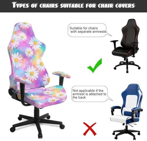 Daisy Tie Dye Print Gaming Chair Cover Washable 4 Piece Furniture Protector Breathable Stretchable Gaming Chair Slipcover with Armrest Covers