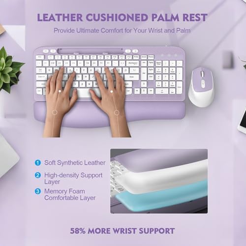 Wireless Keyboard and Mouse Combo, Full-Sized Ergonomic Wave Keys Keyboard with Memory Foam Wrist Rest & Phone Holder, 2.4G Quiet Keyboard Mouse Work Setup for PC Laptop, Office or Home (Purple)