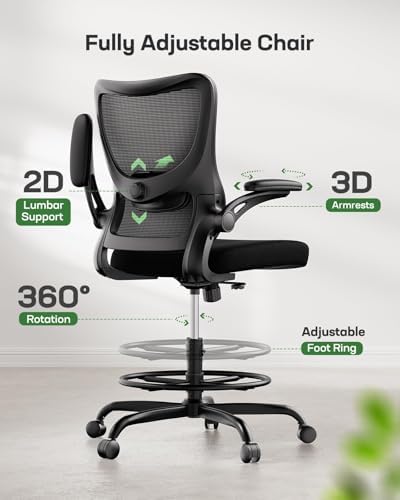 Marsail Drafting Chair, Tall Office Chair with 2D Lumbar Support, Standing Desk Chair with Padded Flip-Up Armrests & Adjustable Footrest Ring, Black,Pack of 5