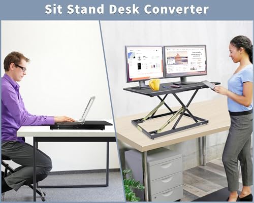 32in Desk Riser for Standing or Sitting, Large Standing Desk Converter, Height Adjustable Sit Stand Desk Converter, Fully Assembled Monitor Laptop Riser Workstation for Home Office, Black