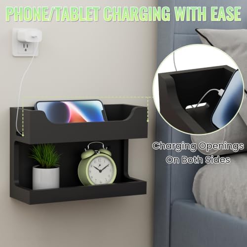 NiHome Bedside Wall Shelf Organizer, Wood 2-Tier Floating Nightstand, Black