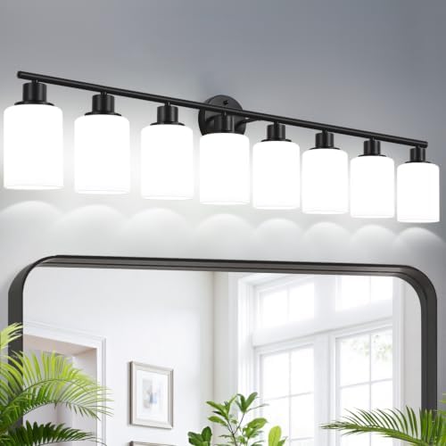Zarbitta 8-Light Bathroom Light Fixtures, Black Modern Vanity Lights with Milky White Frosted Glass Shades, Bathroom Wall Lamp for Mirror, Living Room, Hallway, Kitchen, Cabinet, Porch