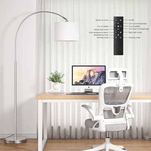 Ambimall Dimmable Arc Floor Lamp with Remote, Color Temp Adjustable, Silver