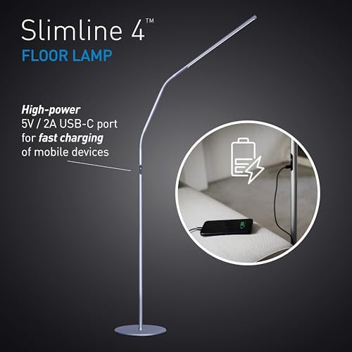 daylight Slimline 4 LED Floor Lamp - 6,000K, 3,200 Lux, 4 Brightness Levels, USB-C Port for Fast Charging - Sleek Design, Anti-Glare Shade, Flexible Height Adjustment - Ice Grey