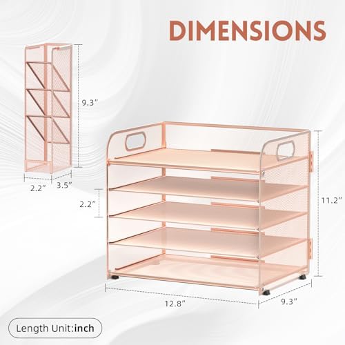 5-Tier Paper Organizer for Desk with Pen Holders, Letter Trays, Rose Gold