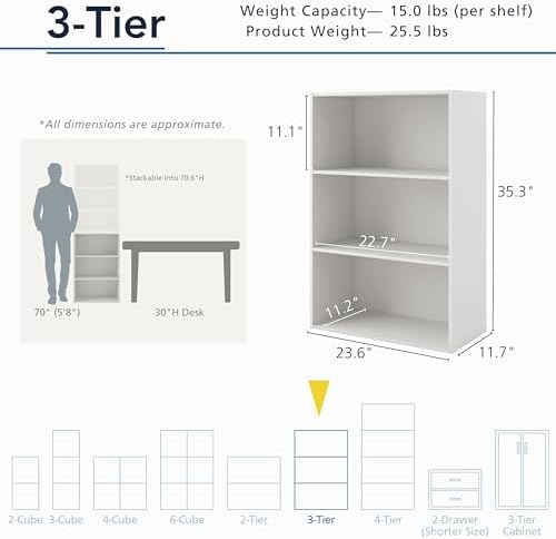 Homes: Inside + Out Apexa 3-Tier Cube Storage Organizer Shelves, Stackable Wood Bookcase Fits Cubby Bins for Organization, Dorm Teen Room Decor & Home Office, White
