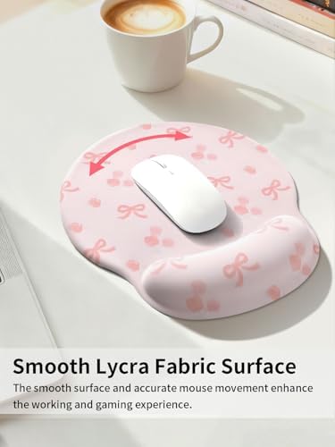 Seorsok Pink Ribbon Bow&Blooming Rose Mouse Pad with Gel Wrist Support Mouse Pad,Ergonomic Aesthetic,Comfort Mousepad for Office Work Computer,Pain Relief Mousepad with Non-Slip Silicone Base,Pink Bow