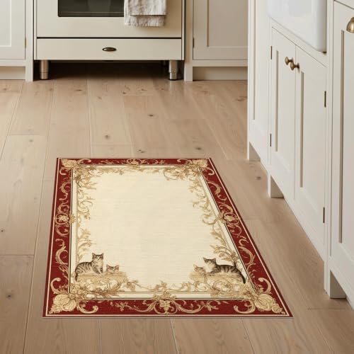 3'x5' Ivory Cat Crimson Motif with Swirls Washable Throw Rug