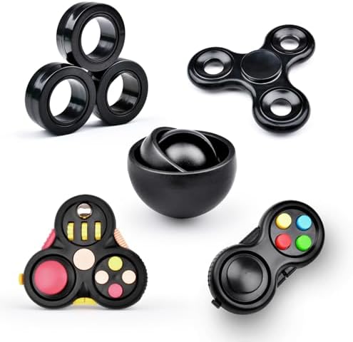 Yrissmiss Fidget Toys Adults Pack 5Pcs,Fidget Spinner with Magnetic Rings Gyro,Fidget Controller Autism Sensory Toys,ADHD Stress Anxiety Desk Fidgets,Easter Basket Stuffers for Kids Teen Boys(BK)