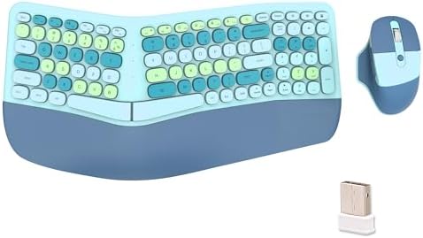 Wireless Ergonomic Keyboard and Mouse Combo with PU Wrist Rest, Carpal Tunnel Keyboard, 2.4G Colorful Split Ergo Keyboard, Comfortable Natural Typing, Compatible with PC/Laptop (Blue)