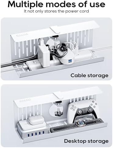 NODOCA No Drill Under Desk Cable Management Tray, 14'' Wire Management, Punch-Free Clamp on, Metal Cable Tray, Wire Organizer, Under Desk Basket for Office and Home, White
