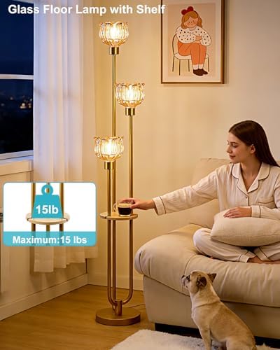 Lightdot Flower Glass Floor Lamp with Shelf Amber Floral Gold Floor Lamps