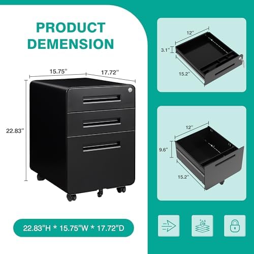SISESOL 3 Drawer File Cabinet with Lock,Rolling File Cabinets,Under Desk File Cabinet,Three Drawer Filing Cabinet for Home Office with Wheels,Fit A4/Letter/Legal File,Fully Assembled Except Casters