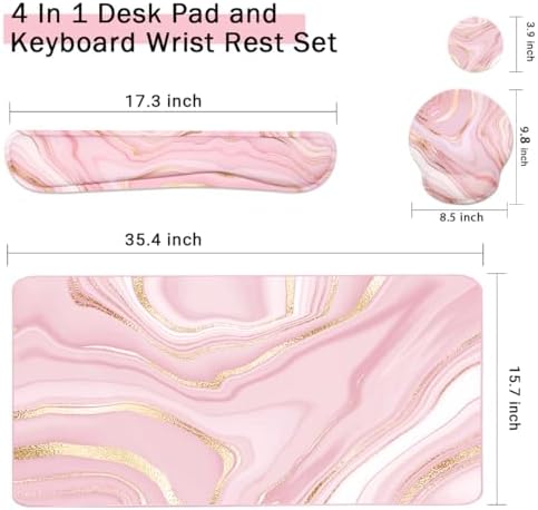 4-in-1 Gaming Mouse Pad Wrist Support Set，Desk Pad + Mouse Pad with Wrist Rest + Keyboard Wrist Rest + Coaster, Ergonomic Design for Home Office Study Game - Pink Fluid