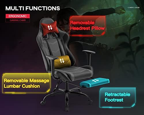 Ergonomic Big and Tall Gaming Chair - Massage Function, Lumbar Support, Footrest & Armrest - PU Leather Racing Style Chair for Adults