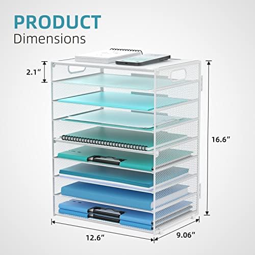 9-Tier Paper Organizer for Desk, Metal Mesh Letter Tray with Handles, White