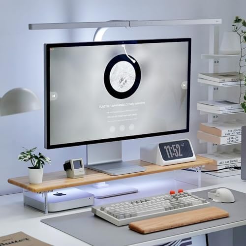 Bamboo Monitor Stand, Desk Shelf with Acrylic Legs and RGB Lights