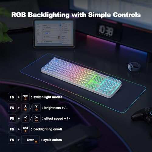 GEEZER Computer Backlit Keyboard White Crystal - Full-Size Bluetooth Wireless Rechargeable Transparent Keycap Portable Keyboards Compatible with Windows, Laptop, PC, Desktop