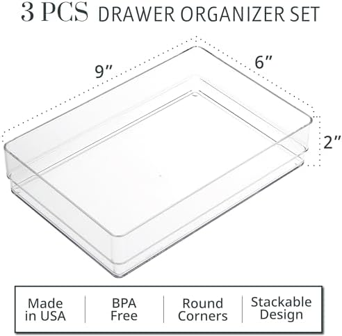 STORi SimpleSort 3-Piece Stackable Clear Drawer Organizer Set | 9" x 6" x 2" Rectangle Trays | Wide Makeup Vanity Storage Bins and Office Desk Drawer Dividers | Made in USA
