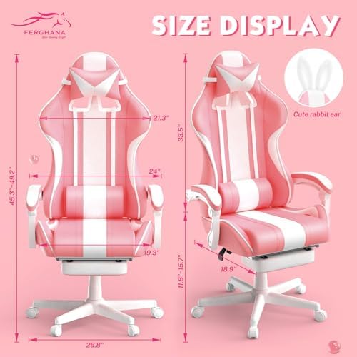 Ferghana Kawaii Pink Gaming Chair with Bunny Ears, Ergonomic Cute Gamer Chair with Footrest and Massage, Racing Reclining Leather Office Computer Game Chair 250lbs for Girls Adults Teens Kids