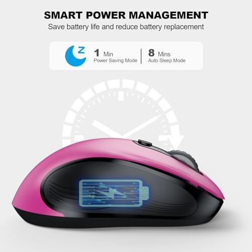 WisFox 2.4G Wireless Mouse for Laptop, Ergonomic Computer Mouse with USB Receiver and Type-C Adapter, 3 Adjustable Levels, 6 Button Cordless Wireless Mice for Windows Mac PC Notebook (Fuchsia)