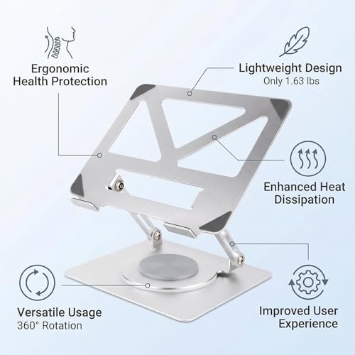 360 Rotating Aluminum Laptop Stand, Adjustable & Foldable Ergonomic Computer Stand, Compatible with MacBook, iPad, Dell, HP up to 16 Inches for Home & Office, Silver