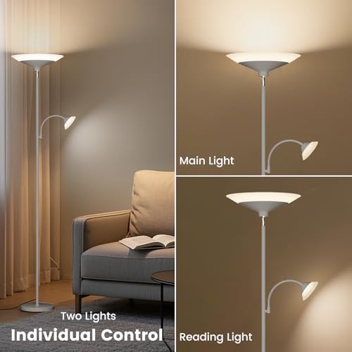 SIBRILLE Sliver Gray Torchiere Floor Lamp with Reading Light, 4 Color Temperatures, Dimmable & Individual Light Control Standing Lamp, 34W Bright Tall Lamp with Remote for Living Room Bedroom Office