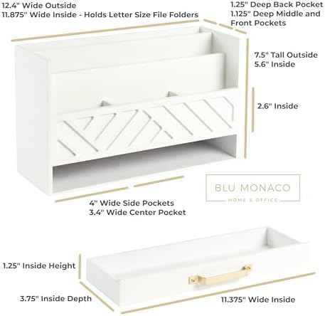 BLU MONACO | White Wooden Desk Organizer & Mail Organizer with Drawer & Gold Handle | Mail Sorter Countertop | 6 Compartments | White Desktop Organizer for Desk