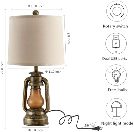 Set of 2 Farmhouse Lantern Table Lamps for Living Room with 2 USB Charging Ports, Rustic Vintage Nightstand Lamps with Nightlight for Bedroom End Table Entryway, 4 Bulb Included