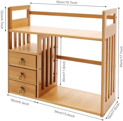 Bamboo Desktop Bookshelf, Organizer Office Desk Storage Display Shelf Rack with 3 Drawers Desk File, Office Counter Top Bookcase for Home School