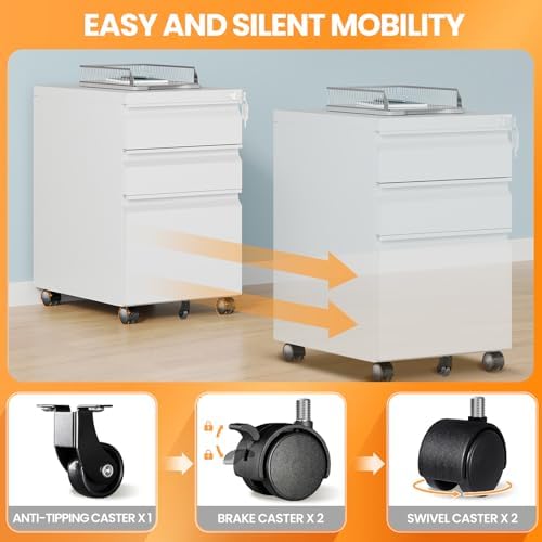 3 Drawer Mobile File Cabinet with Lock, Rolling File Cabinets for Home Office, Under Desk Small File Caninet on wheels, Metal Vertical White Filing Cabnet for Legal/Letter/A4 - Assembly Required