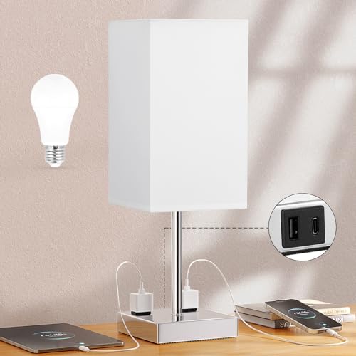17.4" White Touch Table Lamp for Bedroom - Dimmable, USB C+A, 2 AC Outlets