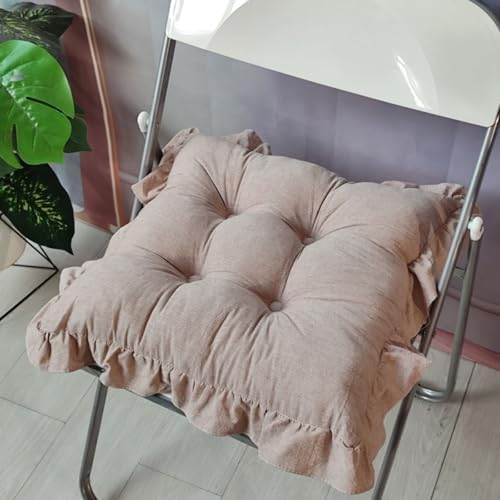 Tufted Cotton Chair Cushions Solid Color Soft Comfort Chair Pads with Ruffles Farmhouse Country Seat Cushions for Kitchen Indoor Dining Room Patio Chairs (Khaki,17"x17")