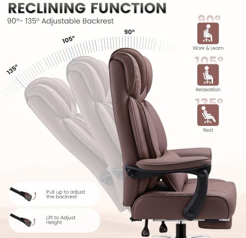BestGlory Office Desk Chair, Big and Tall Leather Gaming Chair with Footrest, Ergonomic Comfy Executive High-Back Reclining Computer Chairs, Wide Swivel Rolling Wheels and Padded Lumbar Support,Coffee
