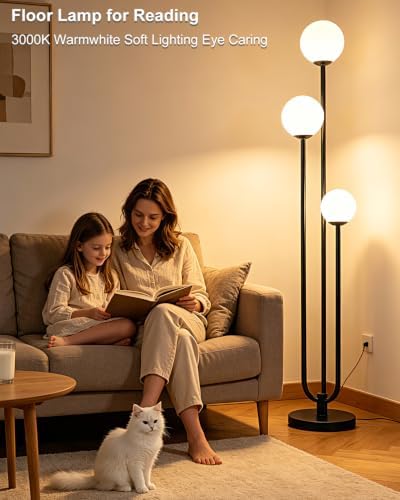 Lightdot 63IN Black Floor Lamp Dimmable with Mid Century Standing Lamps, 3000K Warm White Bulbs Included, Modern Globe Floor Lamp with 5Lbs Heavy Base for Living Room/Bedroom/Sofa Beside/Corner Decor