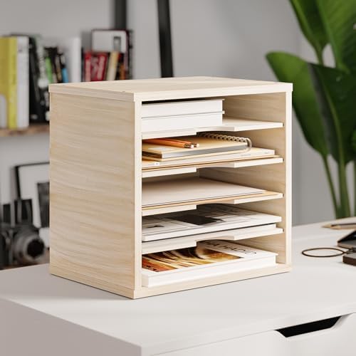 Ballucci 5-Tier File Organizer for Desk, Mail Sorter, Office Desk Organization, Paper Storage Organizers, Folder Holder for Desk, Letter Trays & Stacking Supports, Brushed Wood (Pack of 2)