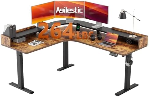Agilestic L Shaped Standing Desk with Monitor Shelf, 63 Inch, Rustic Brown