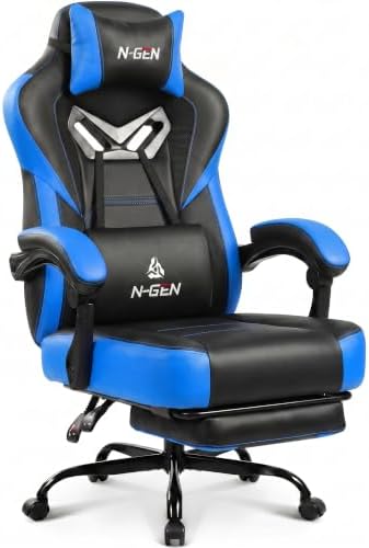 N-GEN GAMING Big & Tall Gaming Chair with Footrest, Lumbar Support, Blue