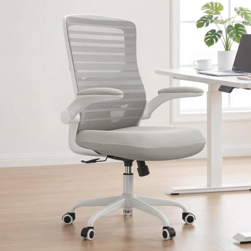 Office Desk Chair for Long Hours & Lower Back Pain Relief – 4“ Thick Molded Foam Cushion, Enhanced Lumbar Support, Padded Flip-up Armrests, Ideal for Office or Study (Light Gray)