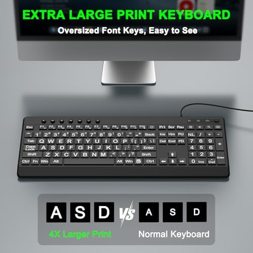 EDJO Large Print Ergonomic Keyboard, Full Size Keyboard with Wrist Rest, Silent Wired USB Computer Keyboards with Oversized Letter Keys Easy to See and Type for Laptop, PC, Windows, Desktop