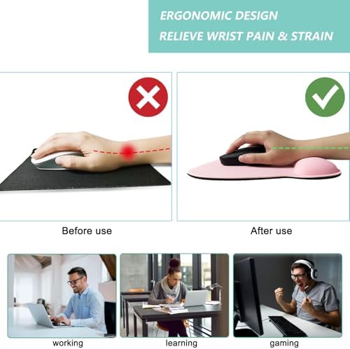 Mouse Pad with Wrist Support, Ergonomic Mousepad with Comfortable Memory Foam Wrist Rest Cushion, Relieve Wrist Pain, Non-Slip Rubber Base Gaming Mice Pad for Home Office Computer Laptop, Pink