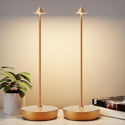 2Pack Rechargeable Cordless Table Lamp, Portable Powered LED Battery 6000mAh Metal USB Desk Lamp, 3 Levels Brightness Light for Restaurants Outdoor (2pack Gold)