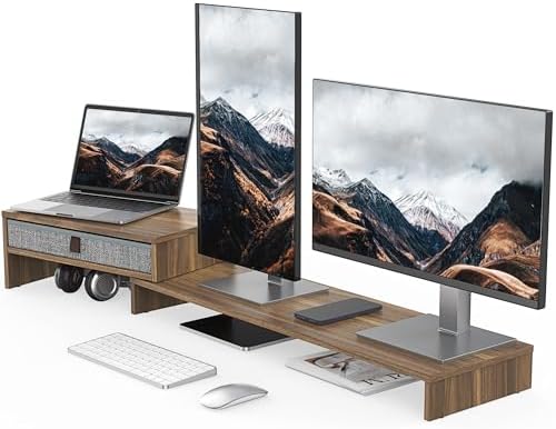 Fenge Triple Monitor Stand with Storage Drawer, Adjustable Length and Angle