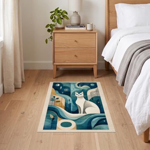 2'x3' Teal Blue Cat Boho Abstract Design Ultra-Soft Accent Mat