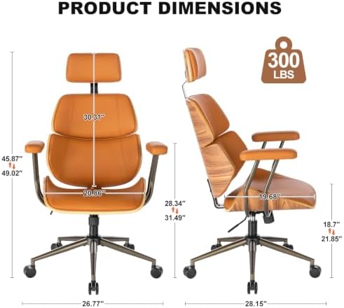 Mid-Century High Back Leather Office Chair with Headrest, Brown