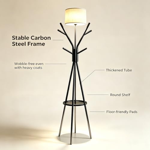 Black Coat Rack Floor Lamp, Metal Standing Lamp with Storage Table, 3 Color Dimmable Tall Lamp with Multi Hooks Coat Rack, Corner Floor Light for Living Room Bedroom Apartment Entryway