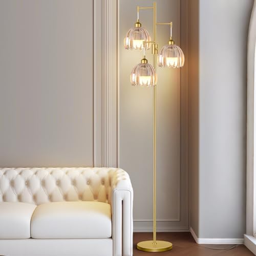 ZECOXOL Gold Floor Lamps for Living Room 3 Lights Floor Lamp with Glass Lampshape & Three Led Bulb,Mid Century Standing Lamp