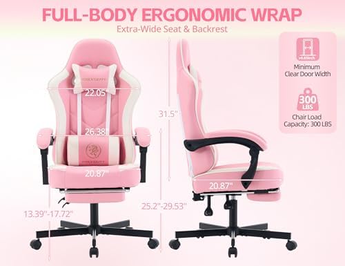 Office Desk Computer Gaming Chair for Adults, Ergonomic High Back Gamer Chair with Massage and Pocket Spring Cushion, Swivel Comfy Video Game Chairs with Footrest and Lumbar Support (Pink White)