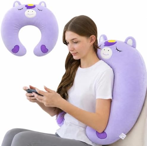 Lap Pillow, Cute Purple Unicorn Crochet Pillow for Knitting, Crafting, Gaming, Reading and Phone Use on Bed, Sofa or Chair, U-Shaped Wrap Around Arm Support Cushion and Neck Pillow